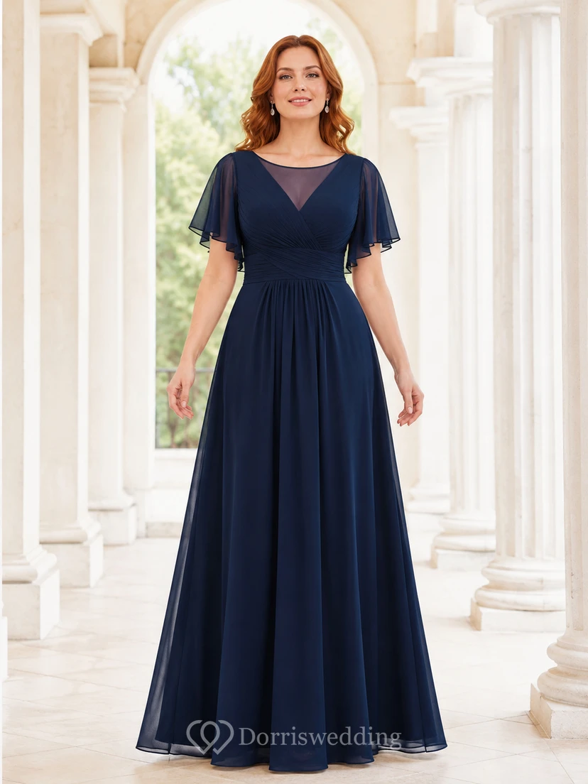 Dark Navy Flutter Sleeve V-Neck Chiffon A-Line Gown