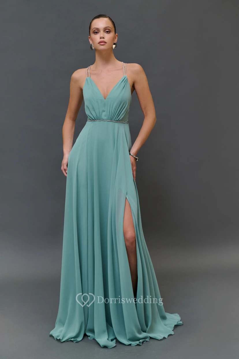 Spaghetti-Empire-Chiffonkleid in Bodenlänge mit Perlenstickerei view 4