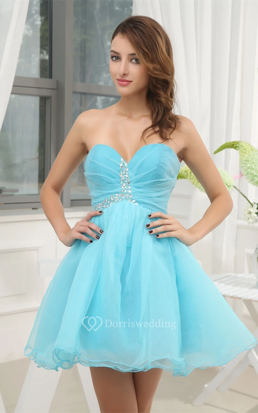 Short-Length Sweetheart A-Line Ruched Dress With Crystal Detailing Zipper Back view 2