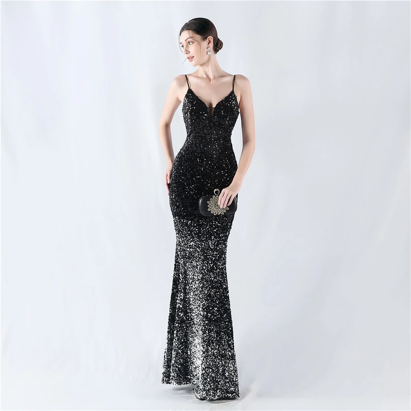 Samtiger, farbverlaufender, perlenbesetzter, sexy Strumpfhalter-Abendkleid view 60