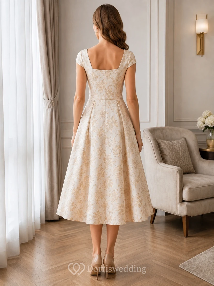 Vintage Cream Square Neck Cap Sleeve Floral Jacquard A-Line Tea-Length Elegant Reception Dress view 2