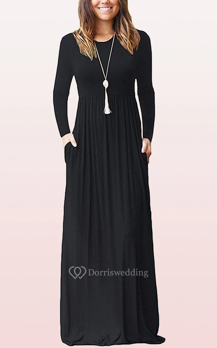 Elegantes Jersey-Gästekleid mit langen Ärmeln, U-Boot-Ausschnitt, A-Linie und Taschen view 5