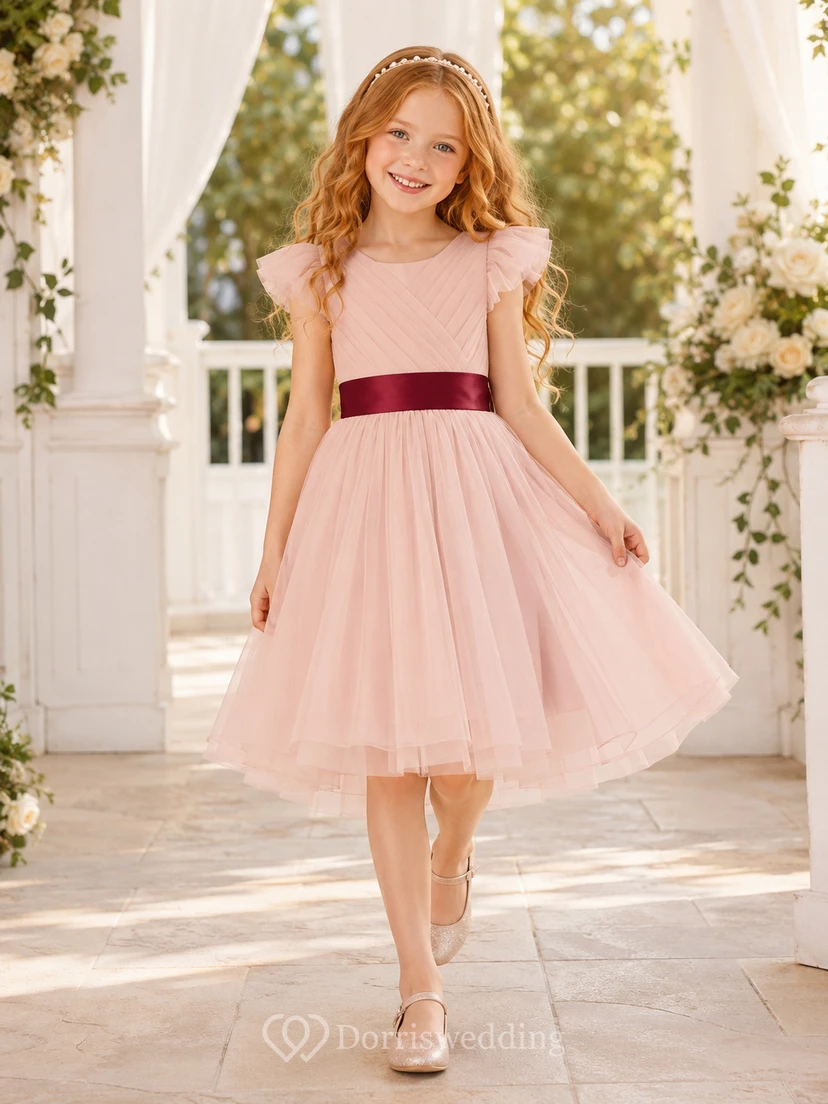 Tulle with Burgundy Sash Lace A-Line Flower Girl Dress with Short Sleeves, Jewel Neck, Tea-Length Skirt, Bow Detail and Sash Detail