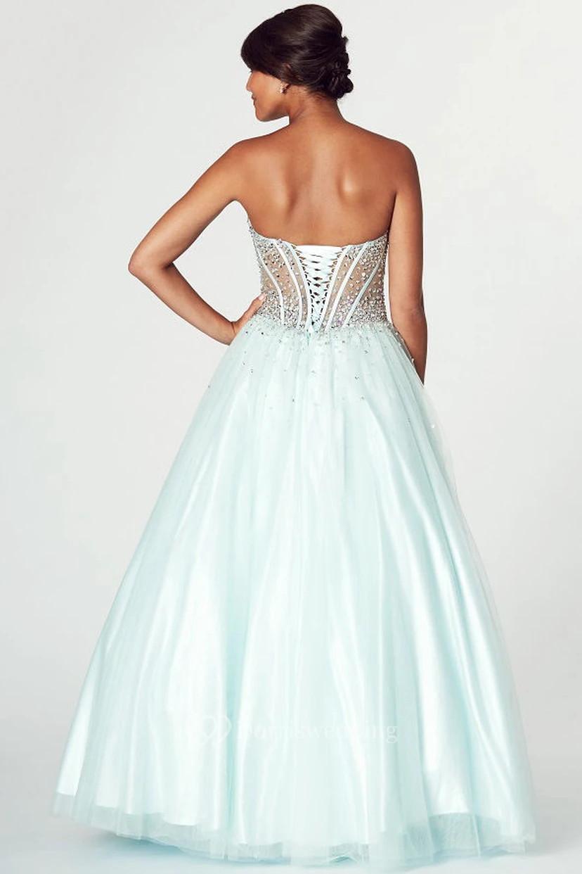 A-Line Strapless Beaded Tulle Prom Dress With Lace-Up Back view 2
