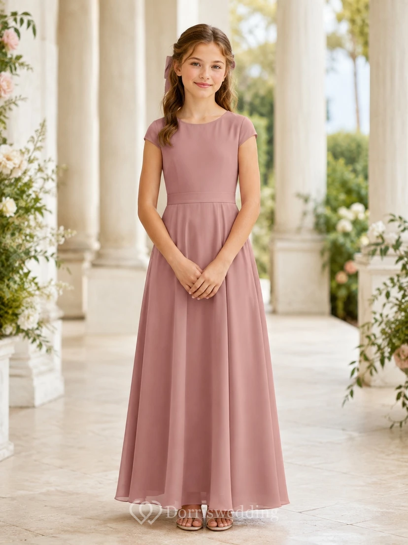 Minimalistisches, altrosafarbenes Chiffon-Brautjungfernkleid mit kurzen Ärmeln, Schmucksteinen, A-Linie und Teelänge