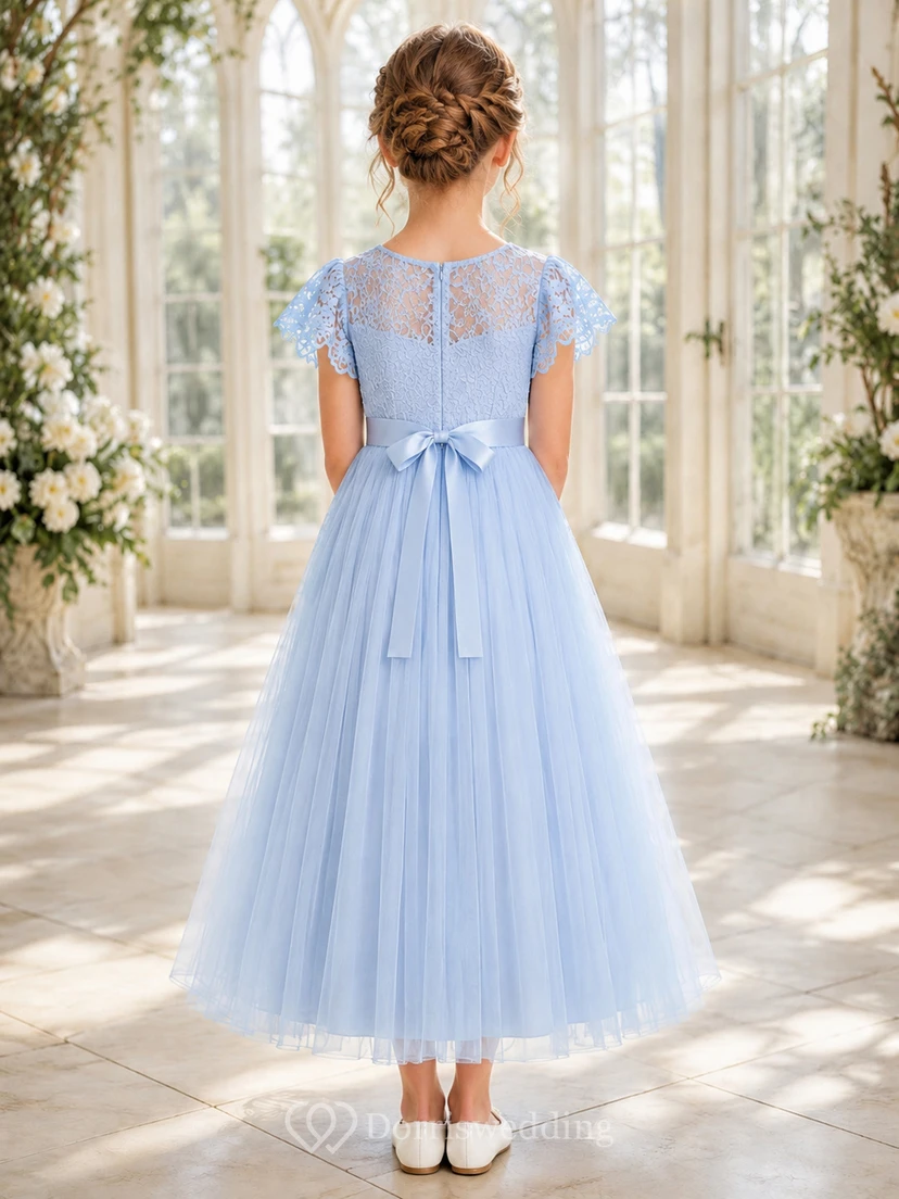 Blumenmädchenkleid, himmelblau, aus Spitze und Tüll, A-Linie, Rundhalsausschnitt, Teelänge view 2