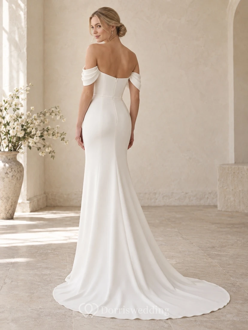 Simple Mermaid Off Shoulder Straight Neckline Draped Crepe Fitted Sweeping Wedding Dress view 2
