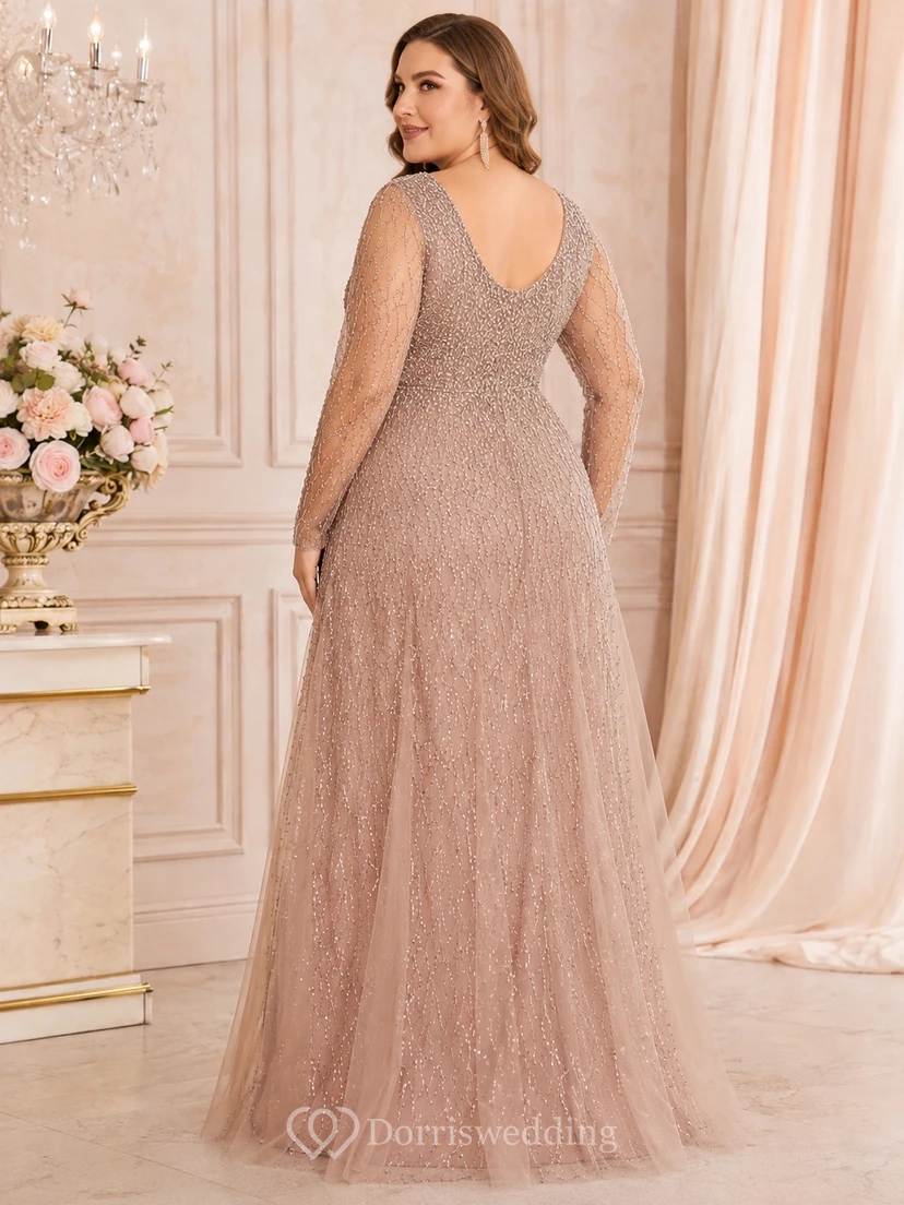 Taupe V-Neck Short Sleeve Chiffon Plus Size Evening Gown view 2
