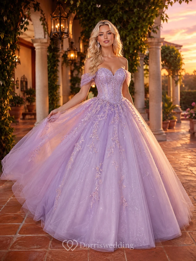Vestido de quinceañera romántico de princesa con escote corazón y hombros descubiertos de la marca Lavender Hacienda