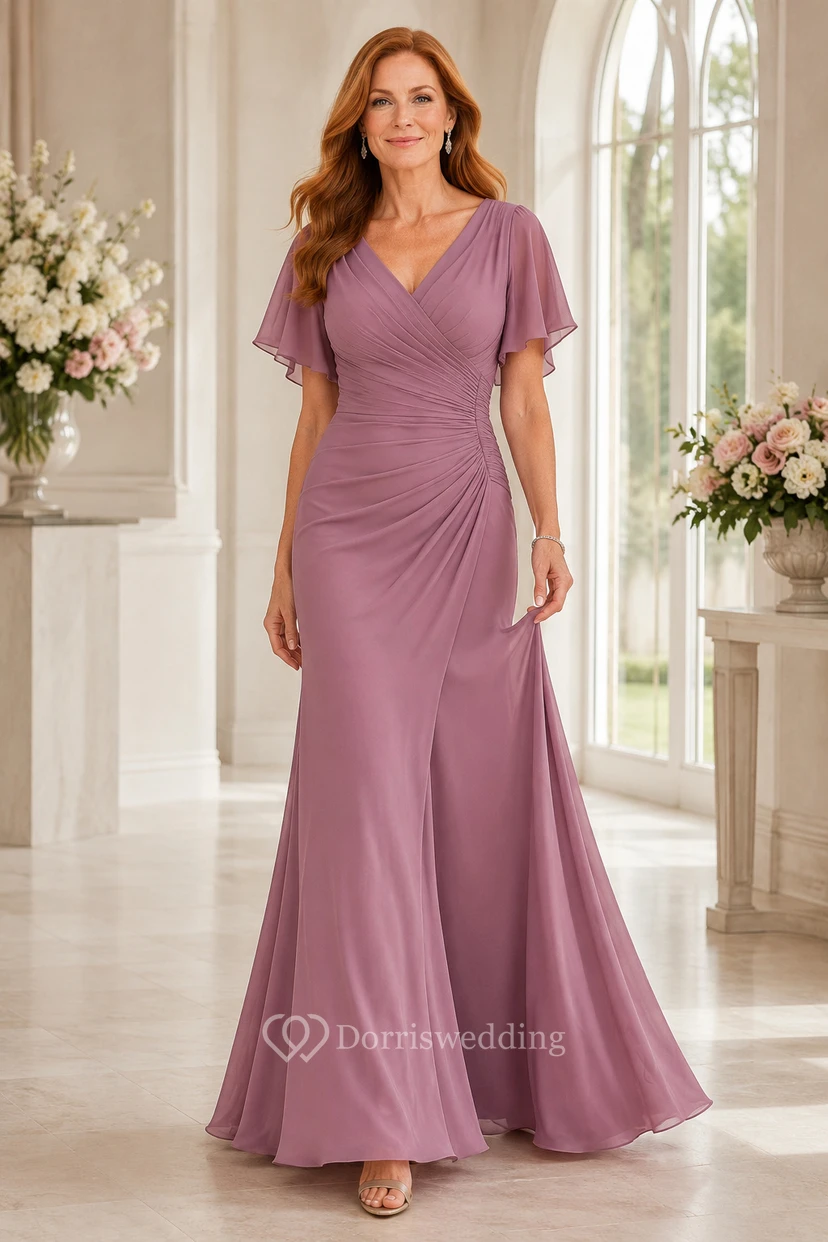 Robe MOB en jersey de mousseline mauve, coupe sirène, manches courtes, col V, longueur au sol, froncée