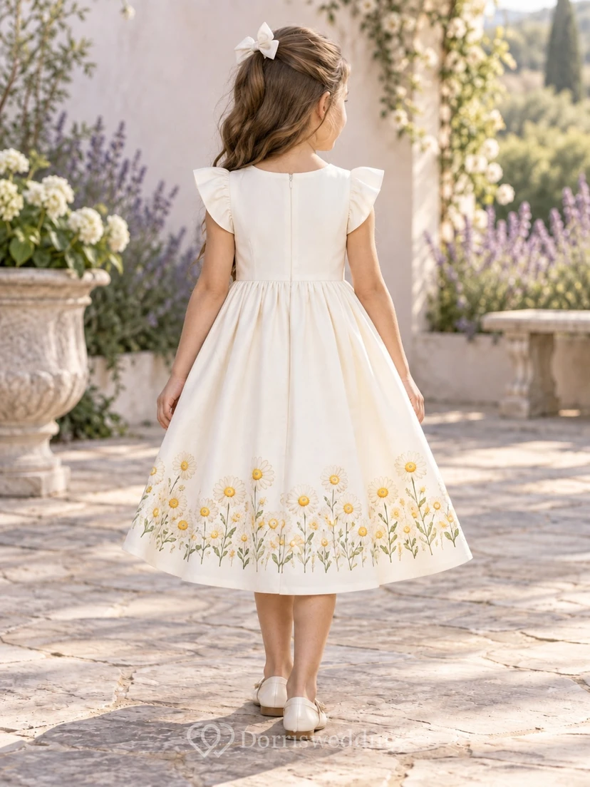 Simple Modest Ivory Tea-length Jewel Angular Flutter Sleeves Clustered Daisy-Print Gathered A-line Flowergirl Dress view 2