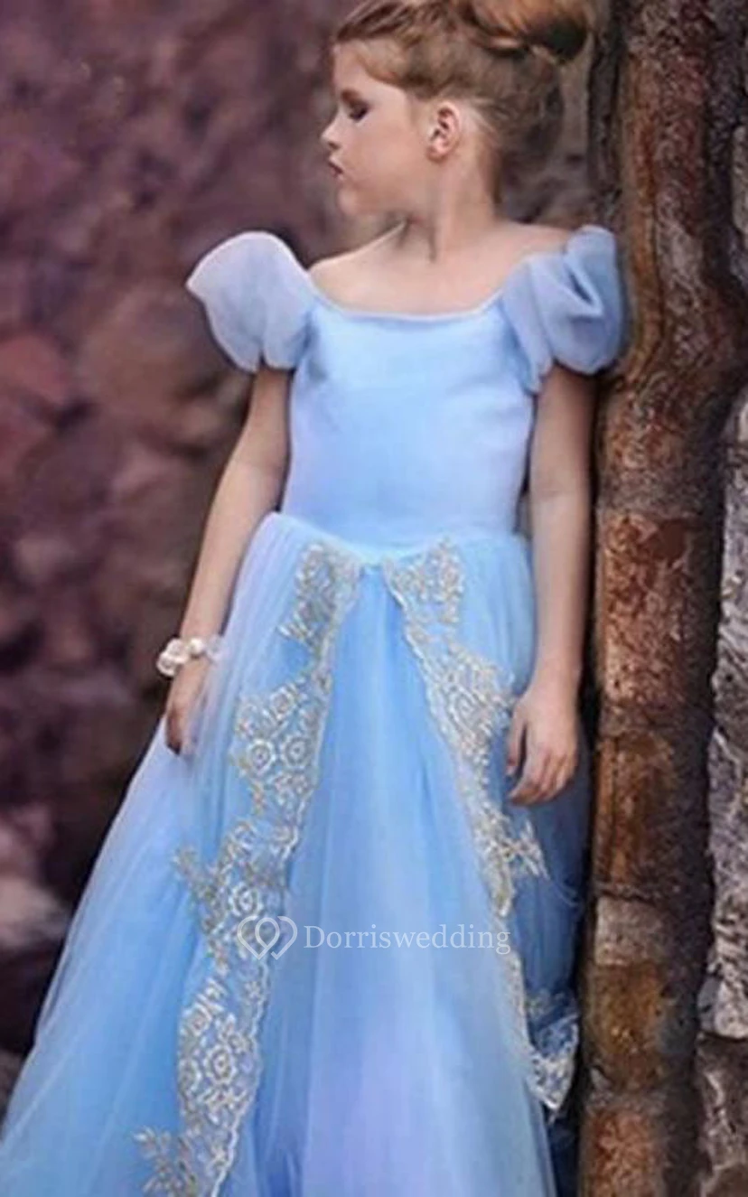 Flower Girl Off-the-shoulder Tulle Ball Gown With Puff Sleeve view 2
