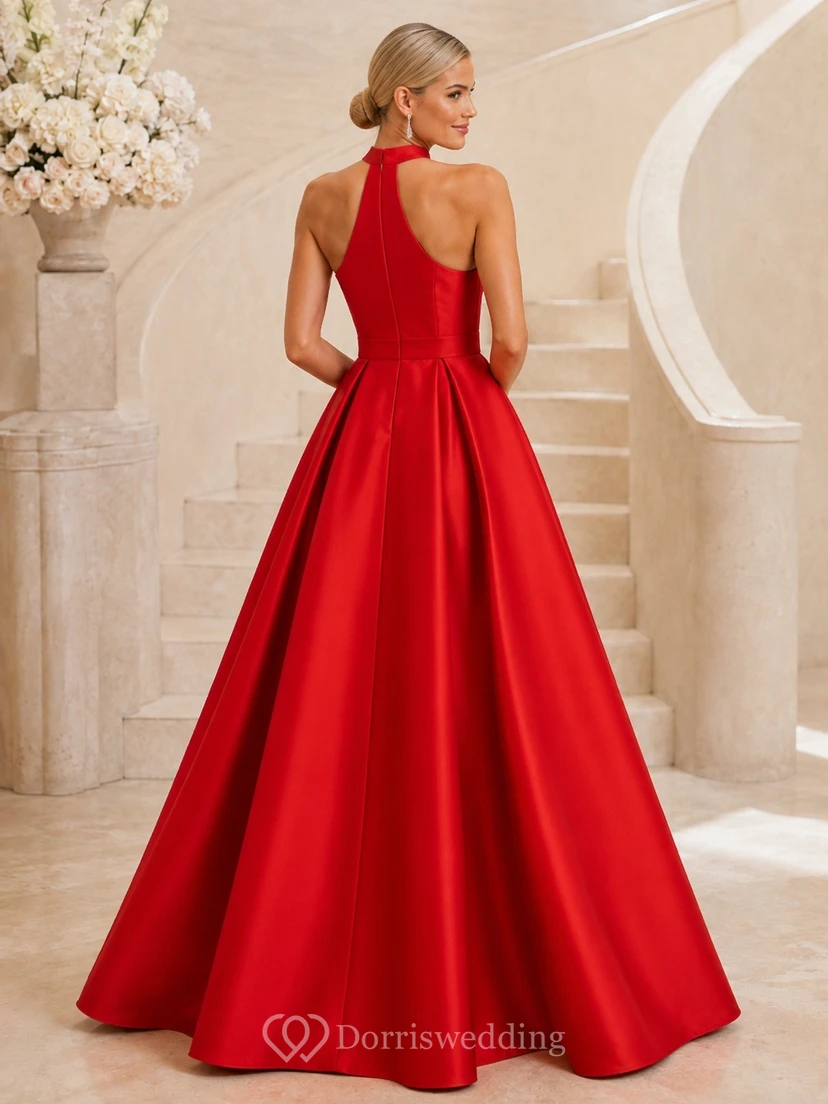 Red Elegant Halter Sleeveless Satin A-Line Floor-Length Prom Dress view 2