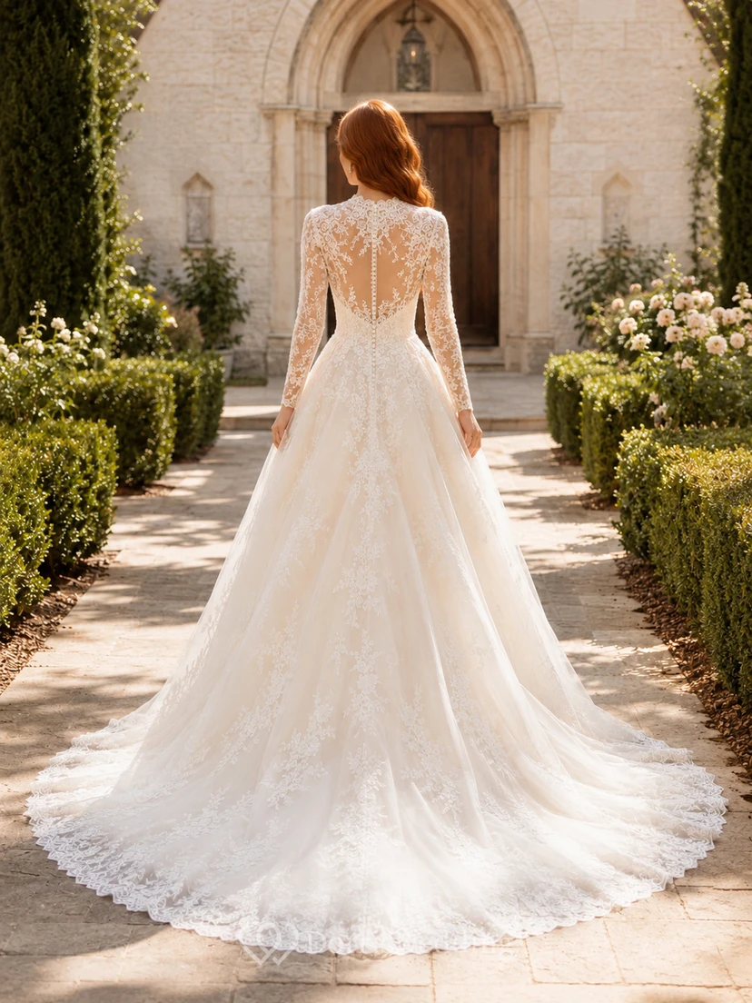 Classic Long Sleeve Lace Ball Gown Chapel Bridal Dress view 2