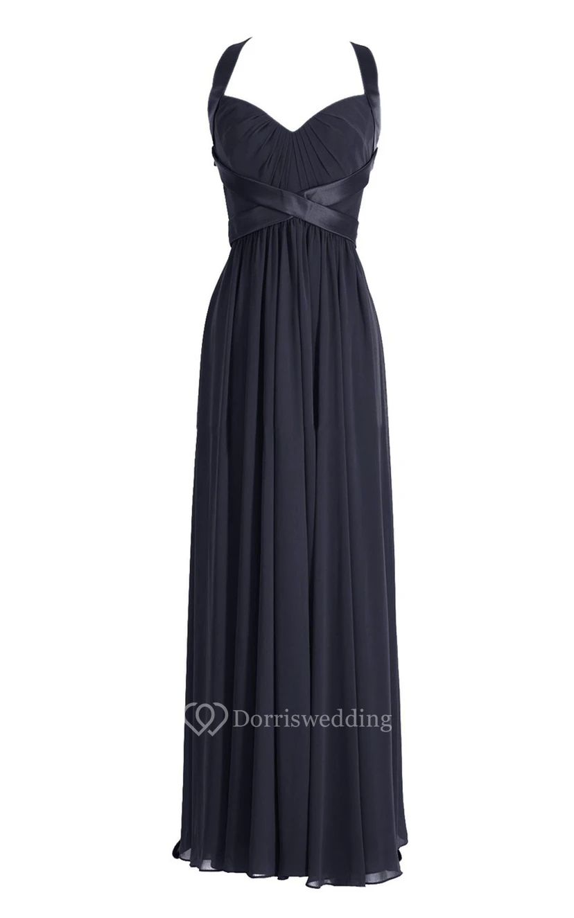 Halter Pleated Chiffon A-line Gown With Deep-v Back view 17