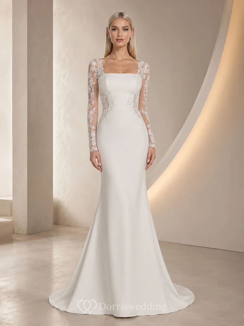 Robe de mariée sirène en satin délicat et dentelle, col carré, manches longues, traîne courte et manches fleuries, idéale pour une soirée de bal.