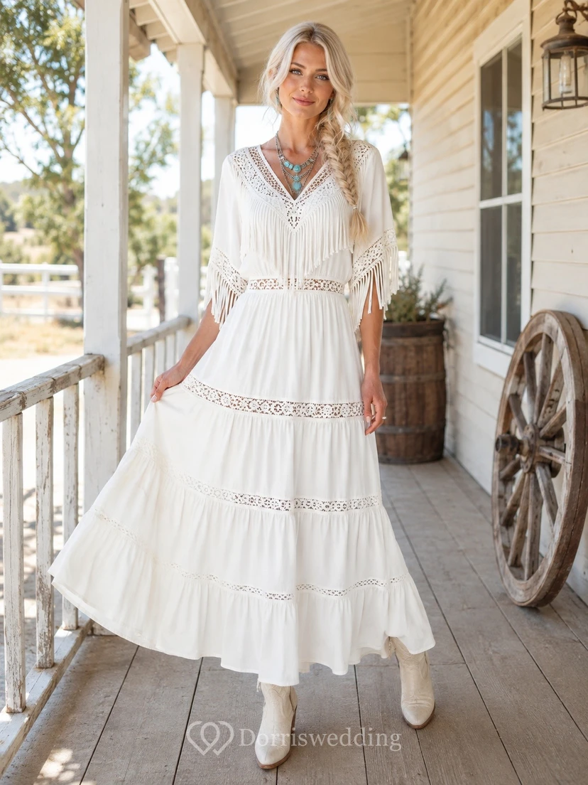 Western White V-Neck Short-Sleeve Lace-Tiered Chiffon A-Line Floor-Length Dress