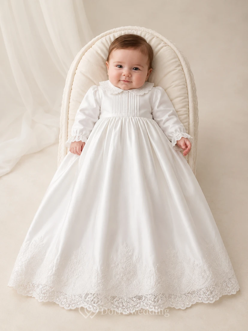 Newborn Baby Christening A-Line Long Sleeve Lace Hem Gown Modest Vintage