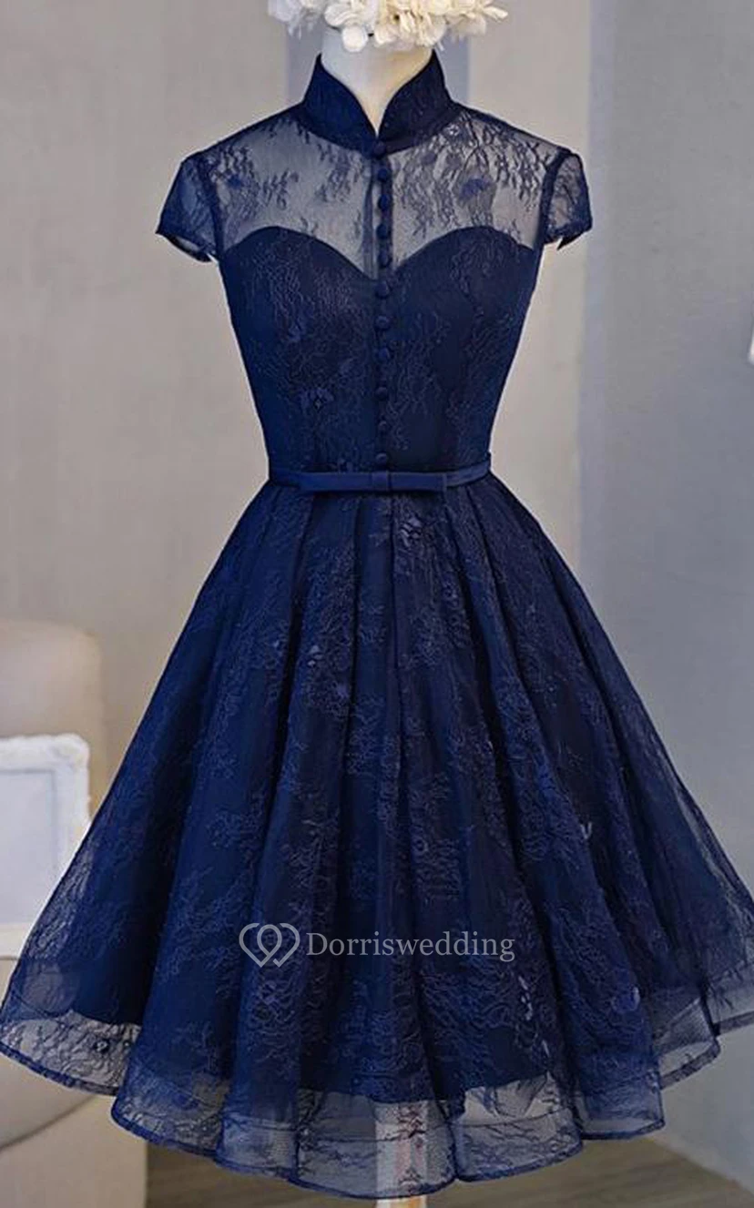 Lace Knee-length A Line Short Sleeve Modest Formal Dress with Ribbon