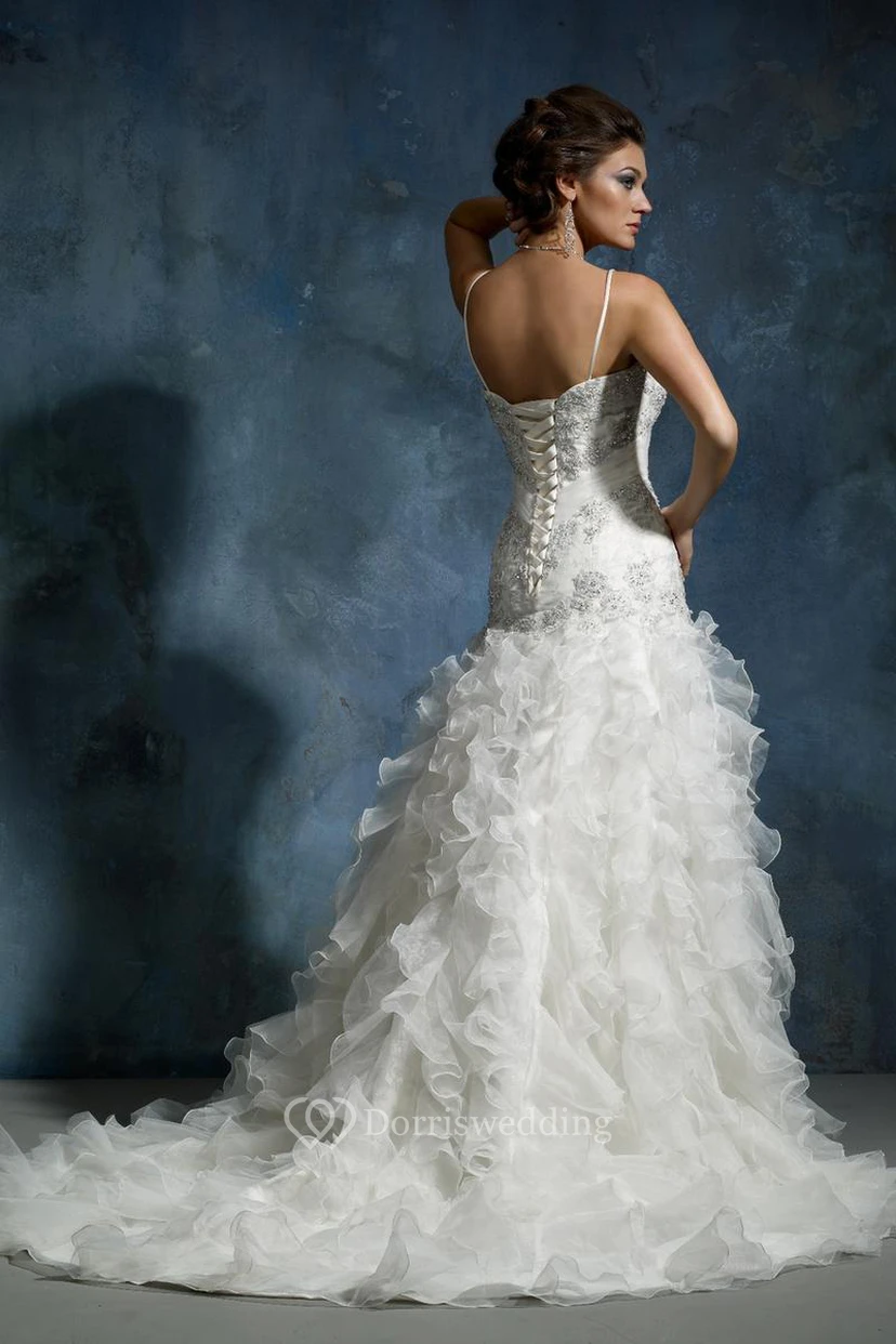 A-Line Long Sleeveless Cascading-Ruffle Spaghetti Organza Wedding Dress With Broach And Beading view 2