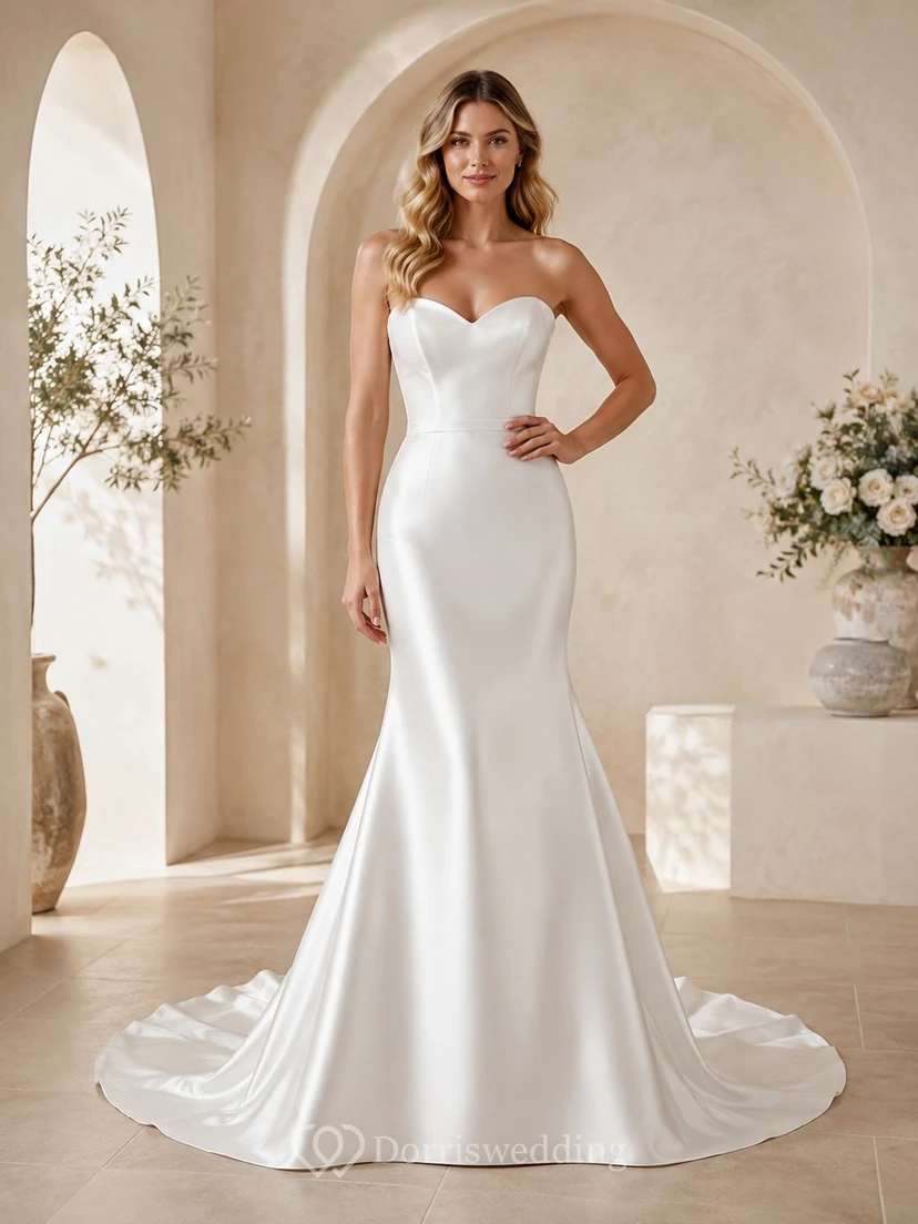 Vestido de novia sencillo estilo sirena, sin tirantes, con escote corazón y cola larga.
