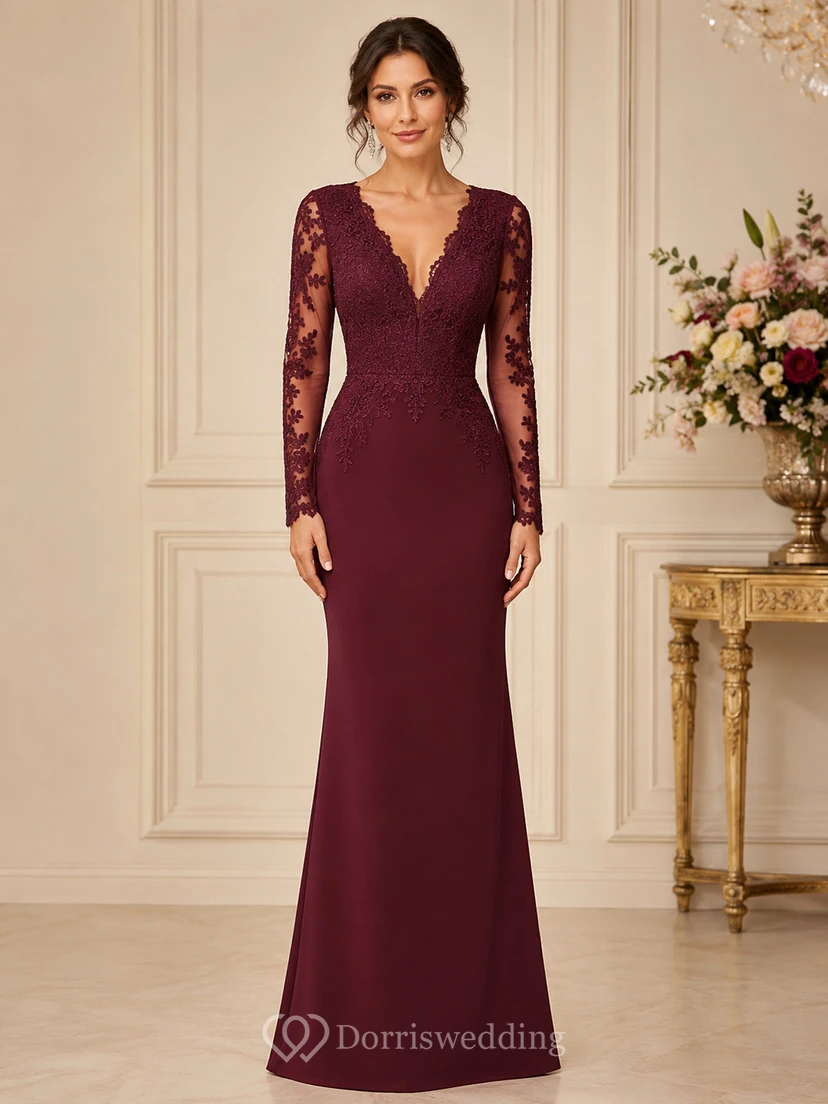 Robe de soirée sirène bordeaux en dentelle à manches longues et col en V