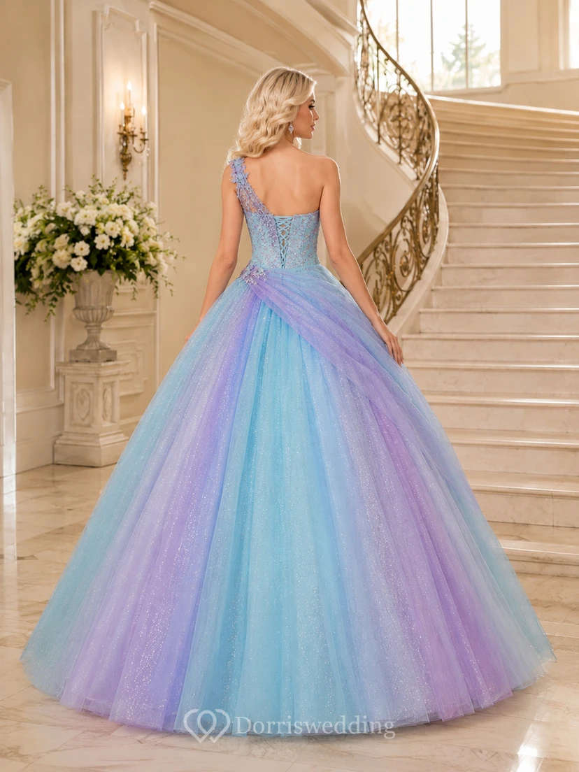 Sky Blue Lilac Luxury One Shoulder Draped Ombre Quinceanera Princess Formal Ball Gown view 2