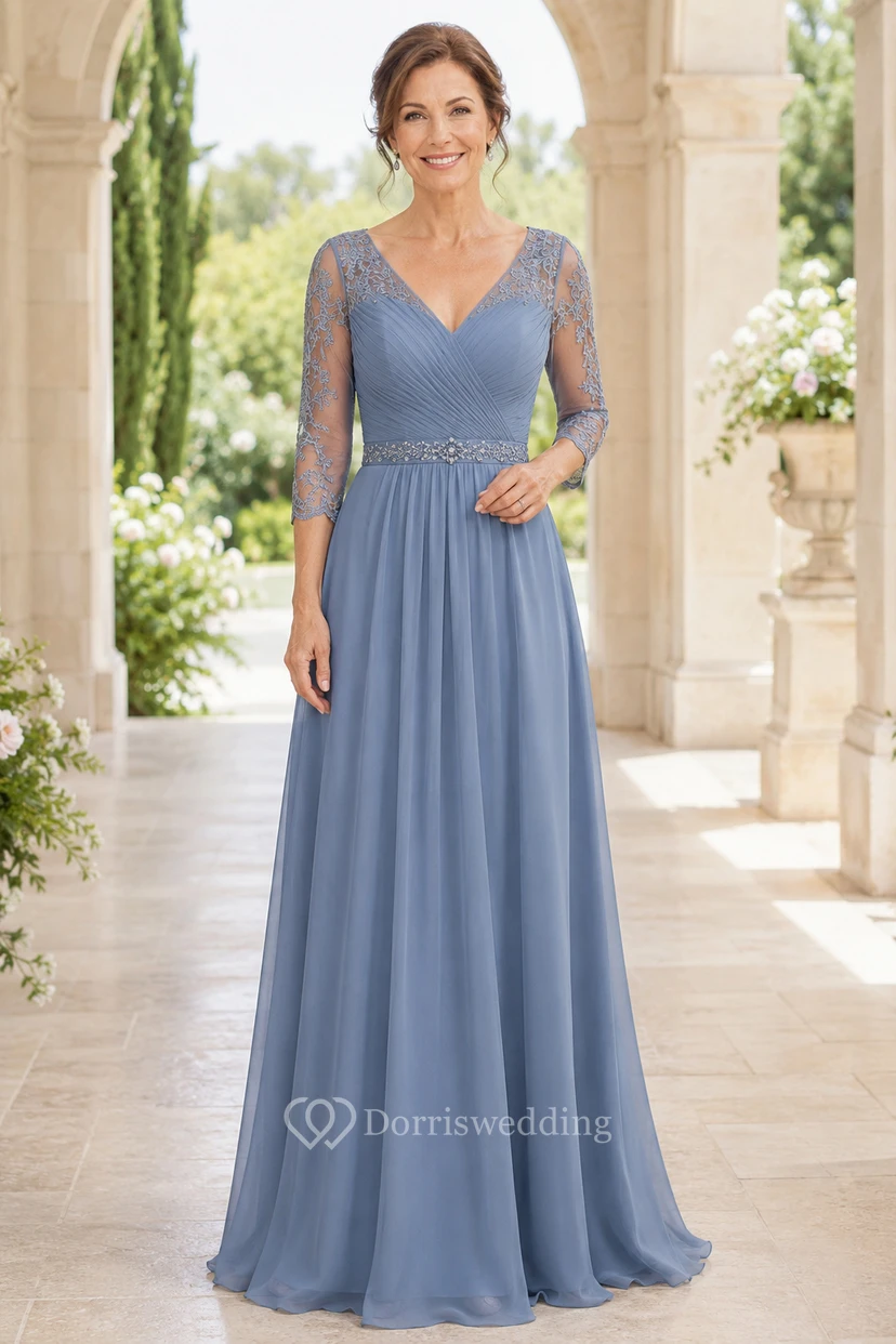 MOB Dress Steel Blue Chiffon Lace A-Line 3/4 Sleeve V-Neck Floor Length Sash Detail