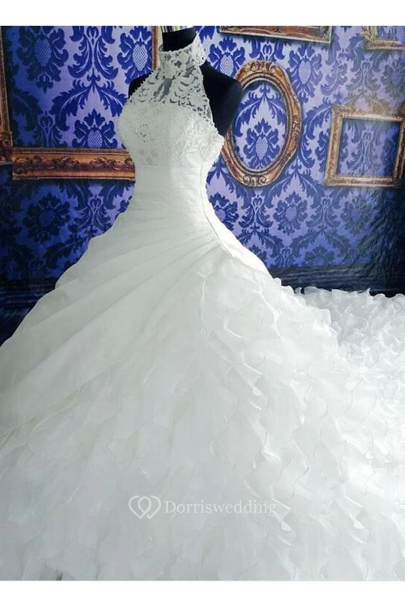 Gorgeous Ruffles Lace High Neck Wedding Dress Court Train Zipper view 3
