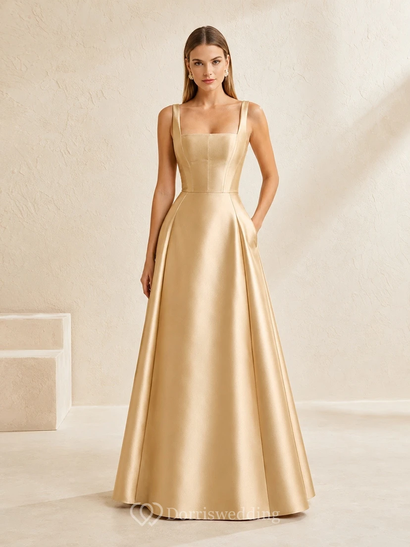 Simple Champagne Square Neck Spaghetti Sleeveless Floor-length Satin A-line Dress