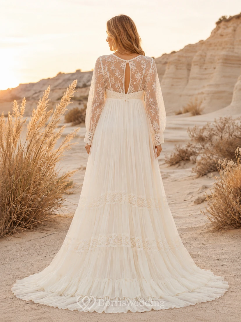 Maternity Long Sleeve Lace Tiered Desert Wedding Dress view 2