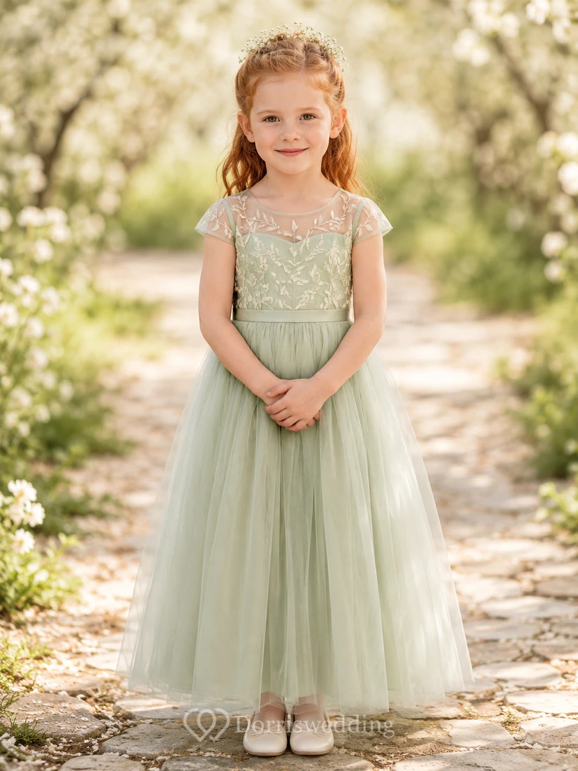 Blumenmädchenkleid aus salbeifarbener Spitze und Tüll, A-Linie, Rundhalsausschnitt, Teelänge