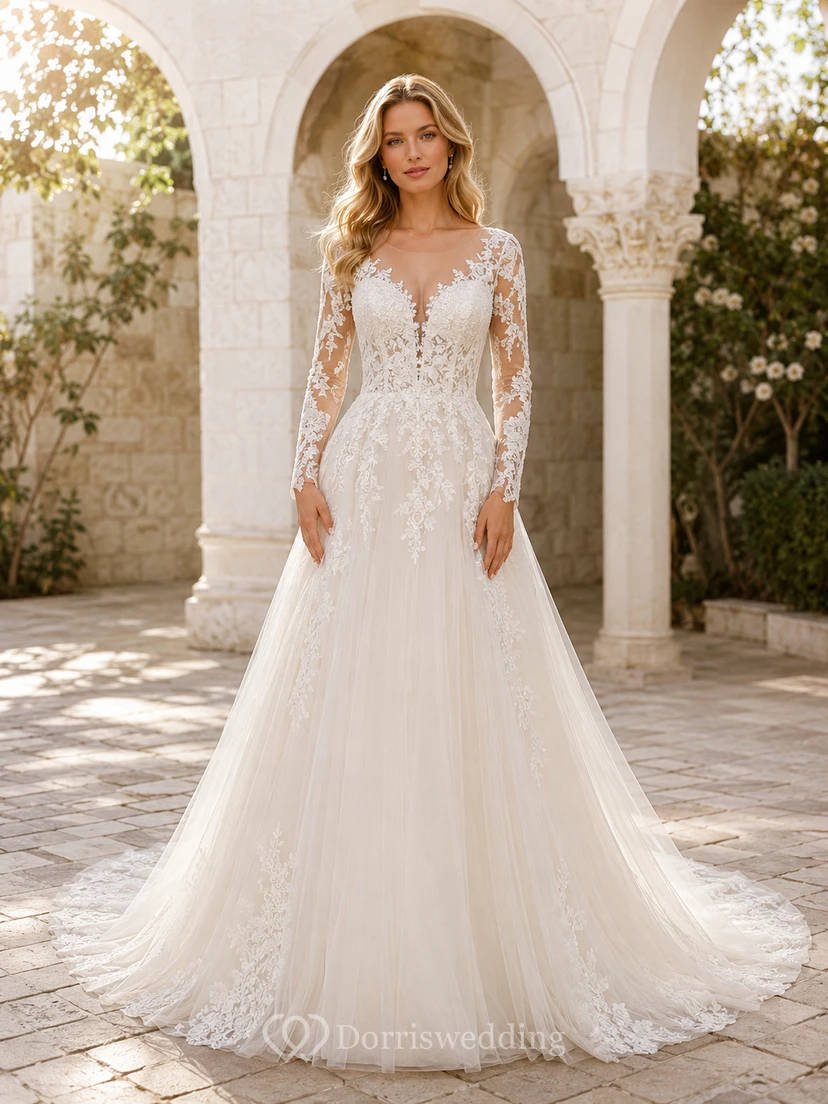 Robe de mariée romantique en dentelle à manches longues, coupe trapèze, traîne chapelle et bustier illusion jardin