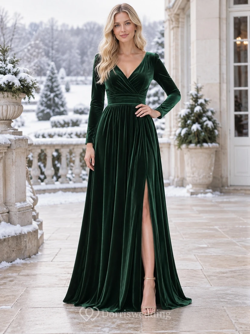 Winter Wedding Emerald Velvet V-Neck Long Sleeve Slit Floor-Length Bridesmaid Dress