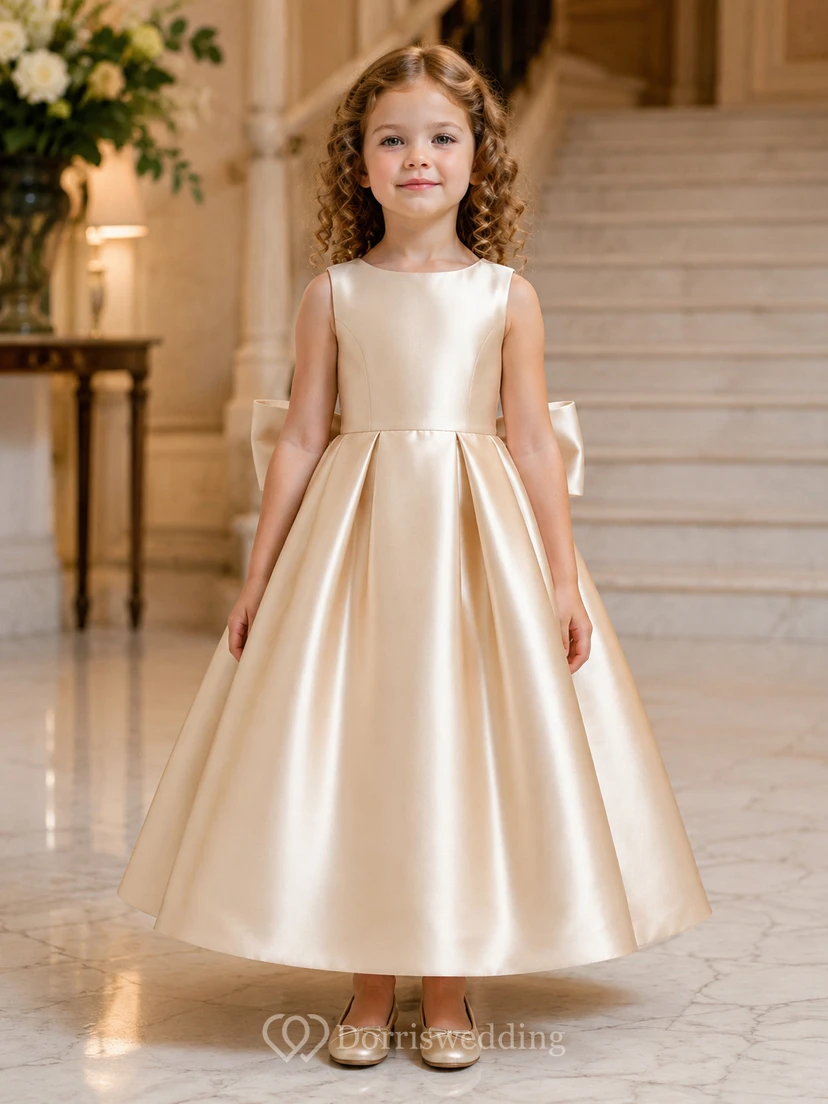 Blumenmädchenkleid aus champagnerfarbenem Satin, A-Linie, Rundhalsausschnitt, Teelänge, Schleifendetail