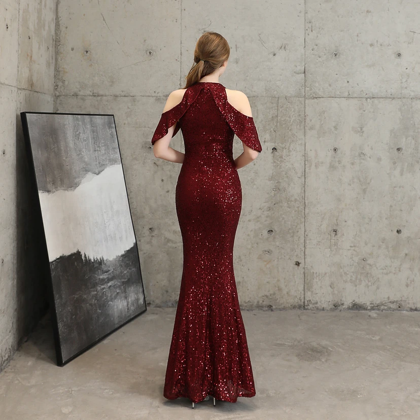 Banquet Temperament Elegant Long Short-Sleeved Sequin Aura Queen Fishtail Evening Dress view 13