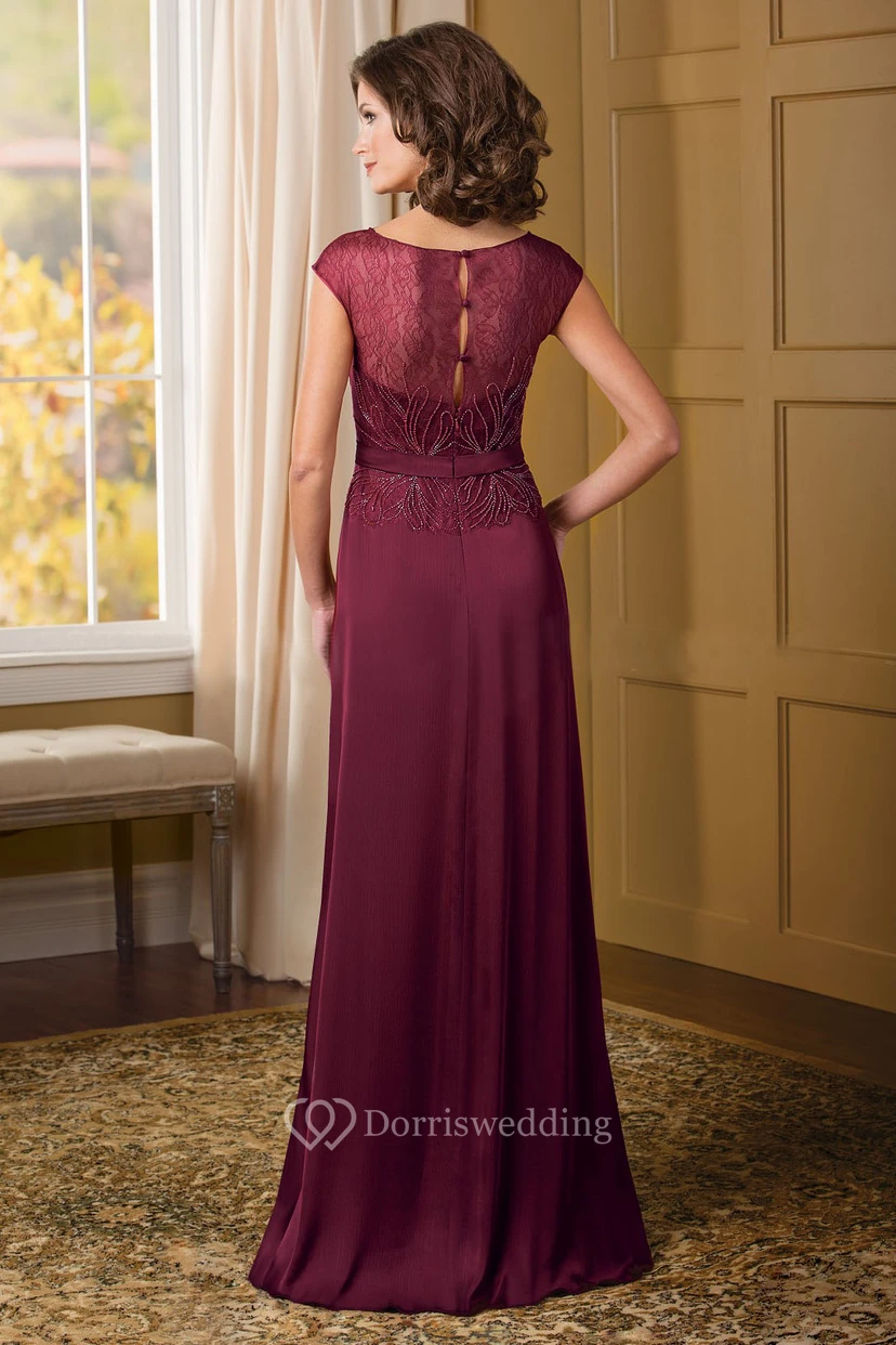 Cap-Sleeved V-Neck Mother Of The Bride Dress With Beadings And Lace Detail view 2