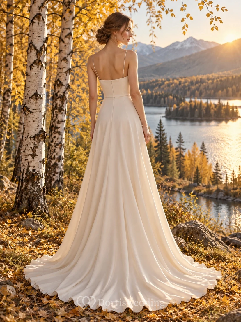 Vestido de novia sencillo de corte A con escote cuadrado y tirantes finos color champán view 2
