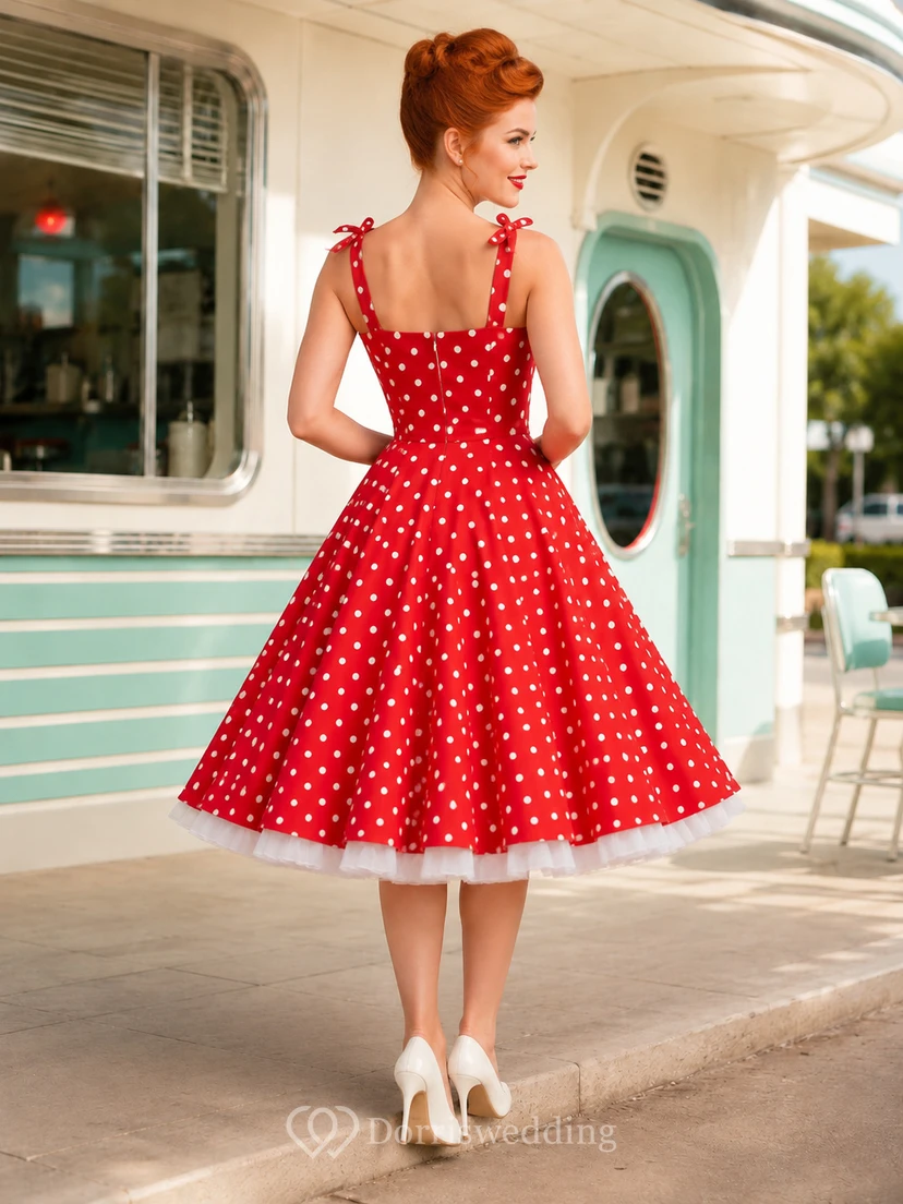 Robe de bal vintage rouge à pois, col carré, épaules nouées, satin, longueur thé view 2