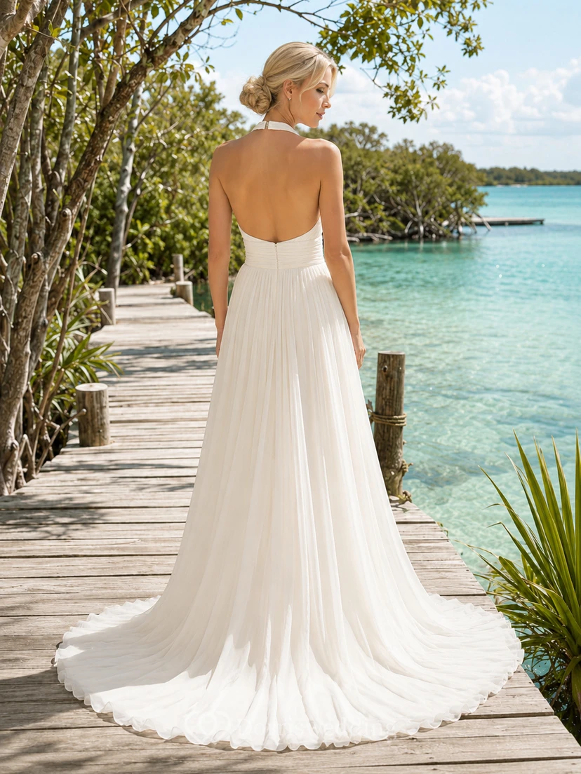 Robe de mariée lagon en mousseline de soie à col montant fendu et dos nu, coupe trapèze, fendue, couleur lagon view 2