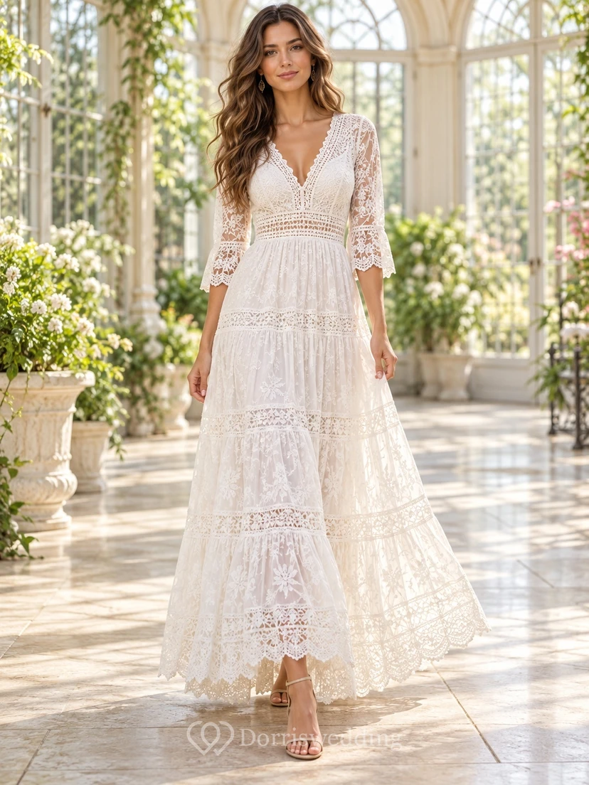 Boho White V-Neck Elbow Sleeve Banded Lace Maxi Dress