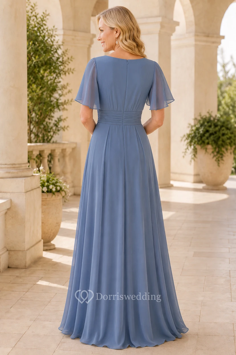 Stahlblaues Chiffon-Kleid in A-Linie mit V-Ausschnitt und Volantärmeln view 2