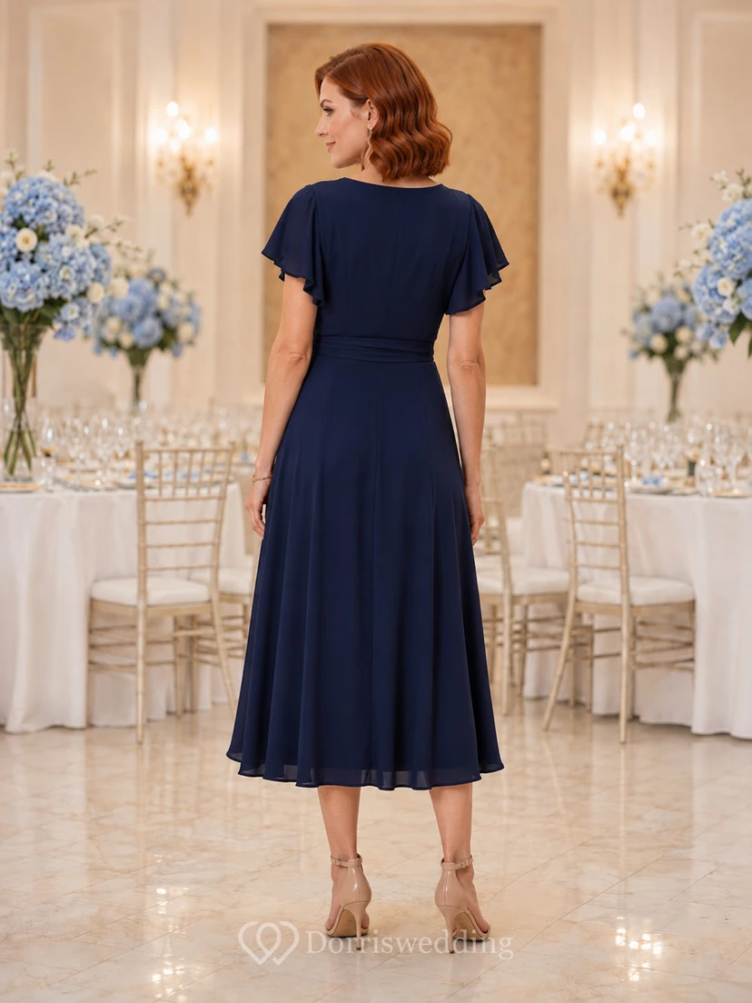Navy Flutter Sleeve Wrap Tea Length Family Celebration Dress view 2