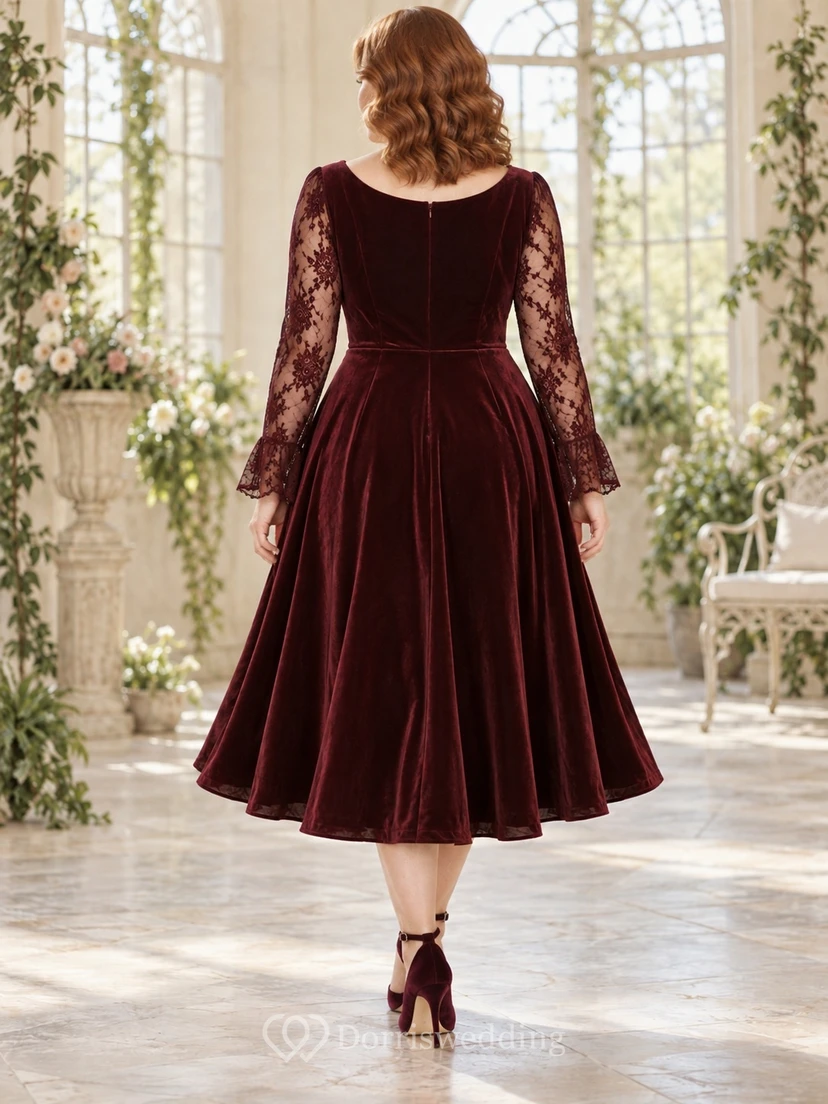 Teelanges, langärmeliges Vintage-Gothic-Brautjungfernkleid aus burgunderrotem Samt mit V-Ausschnitt, Spitze und ausgestelltem Rock view 2