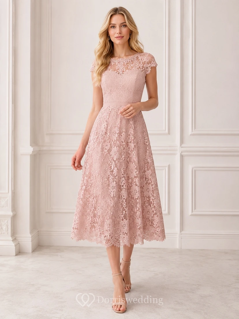 Pearl Pink Scalloped Neck Cap Sleeve Lace A-Line Tea-length Cocktail Dress