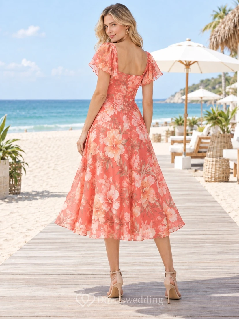 Vestido de playa de manga corta, largo midi, corte A, con escote en V y estampado floral coral. view 2