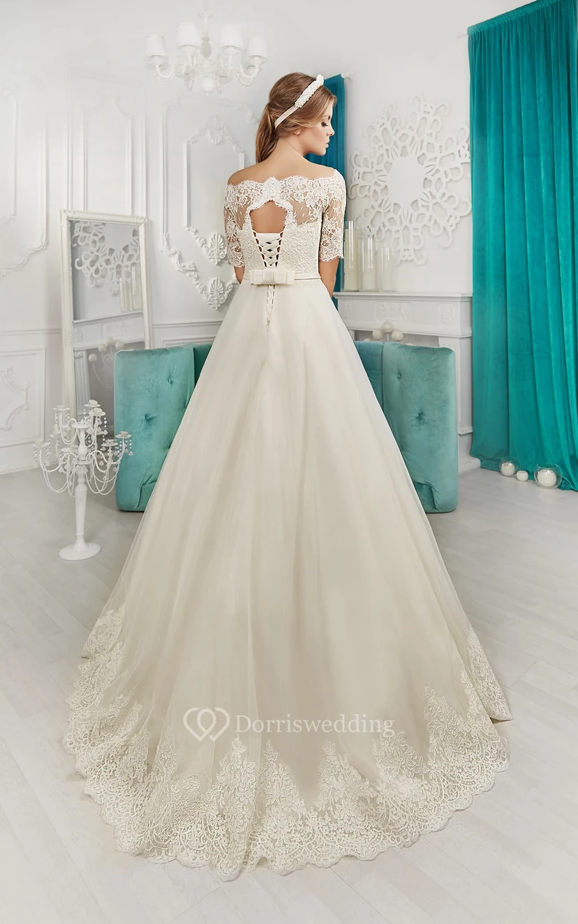 Off-the-shoulder Lace Top Appliques Dress With Bow view 4