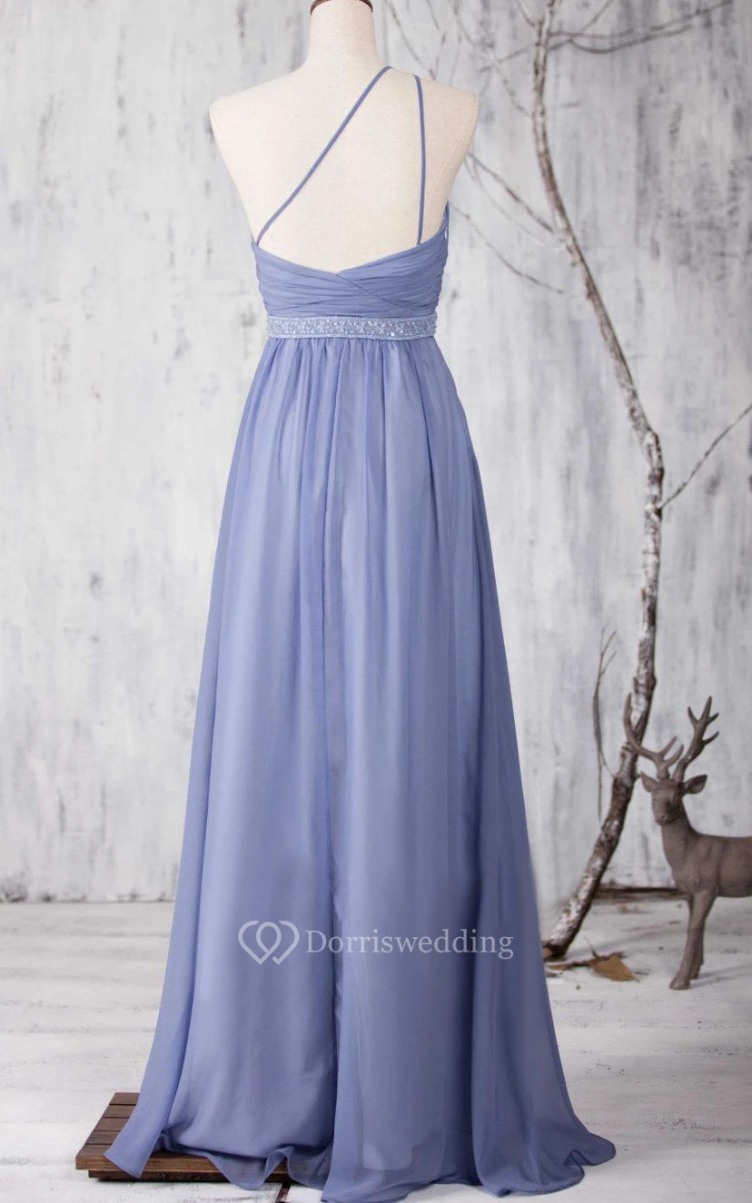 One Shoulder Criss Cross Bodice A-line Chiffon Long Dress With Beading view 4