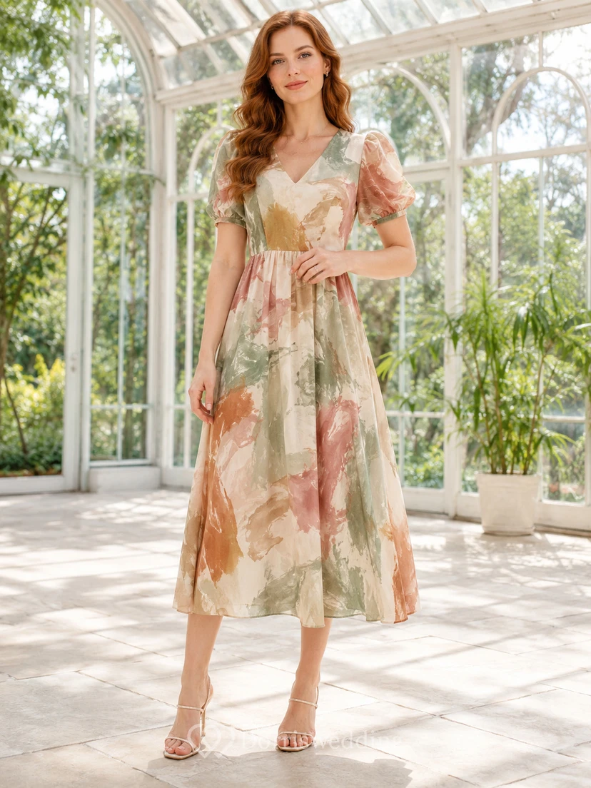 Robe midi bouffante à col en V et imprimé aquarelle abstraite aux tons naturels