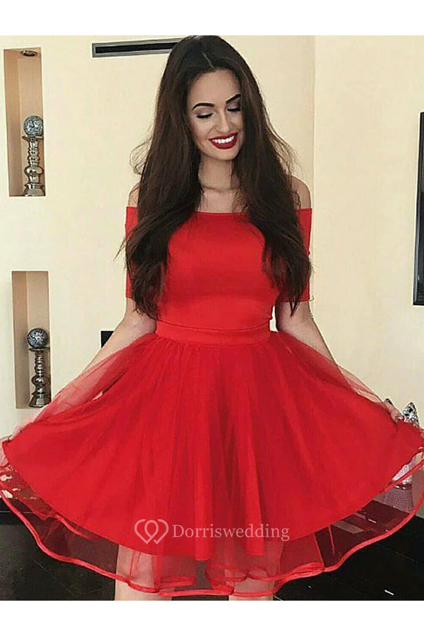 Ärmelloses, kurzes Mini-Abendkleid aus Satintüll in A-Linie mit schulterfreiem Ausschnitt